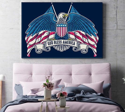 GOD BLESS AMERICA Eagle Wings American Flag Vintage Style Poster Posters, Flags Giclee Print Artesty