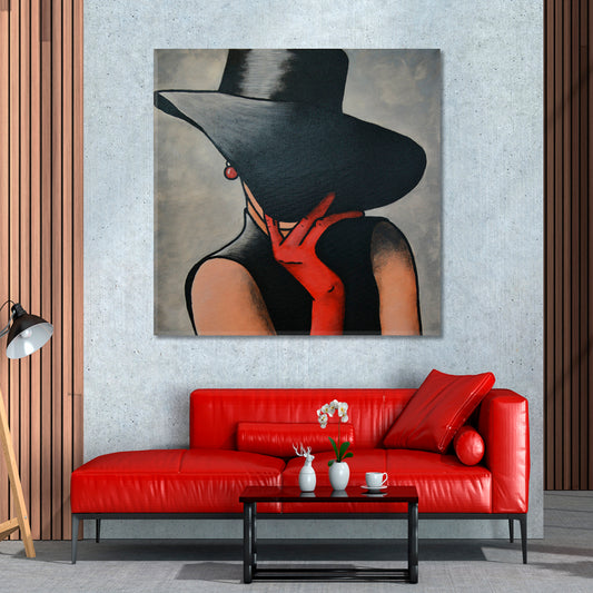 LADY Red Gloves Abstract Art Woman Portrait Fashion Canvas Print Artesty