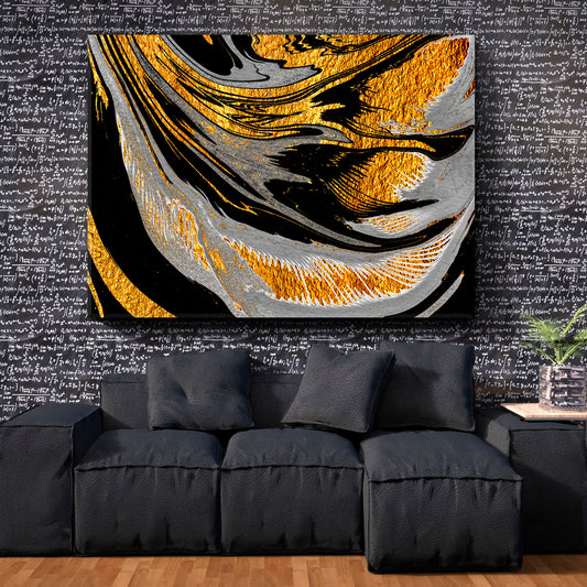 Bright Black Grey Gold Swirls Oriental Suminagashi Japanese Marble Fluid Art, Oriental Marbling Canvas Print Artesty 1 panel 24" x 16"