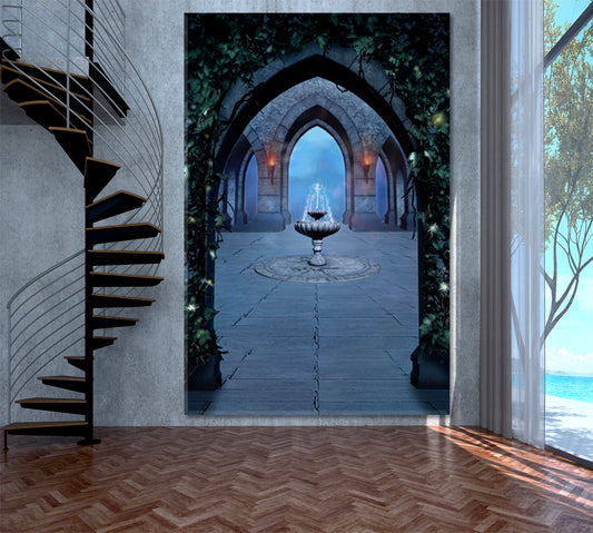 ARCHED VAULT AND FOUNTAIN Font Medieval Castle at Night Urban | Vertical Photo Art Artesty