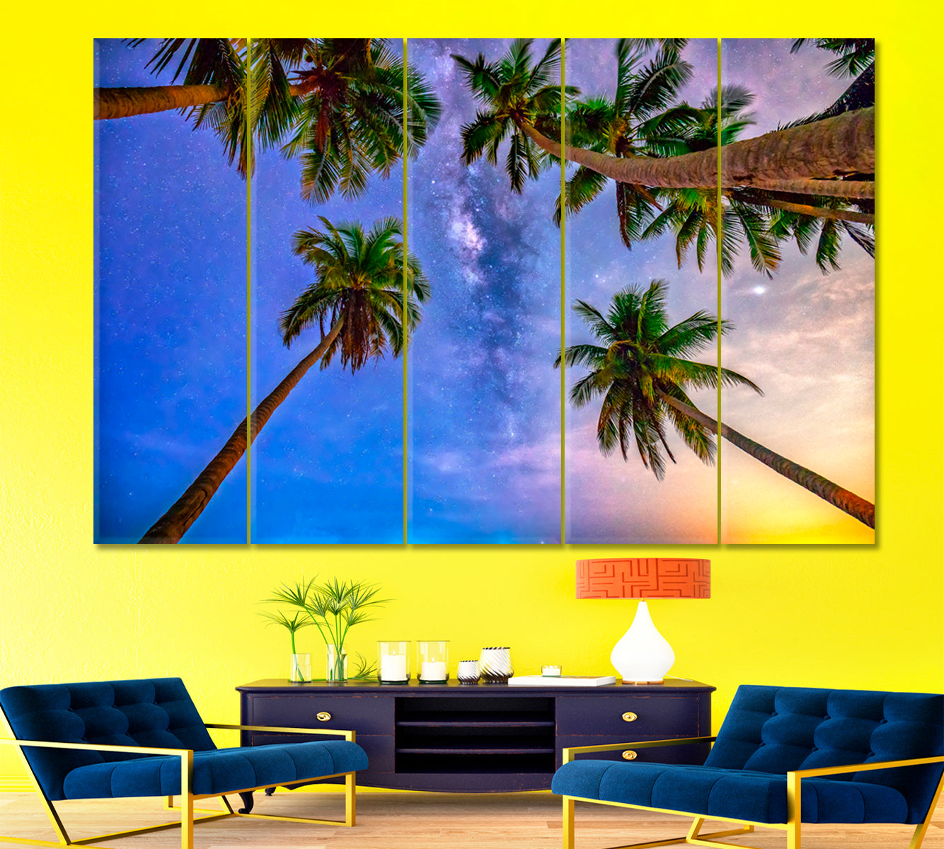 Coconut Palms Trees Milky Way Sky on a beautiful Summer Night Landscape Tropical, Exotic Art Print Artesty