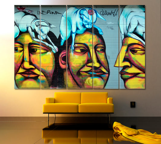 WOMAN AND SPHYNX CAT Street Art Alien Abstract Vibrant Graffiti Montreal Canada Canvas Print Street Art Canvas Print Artesty 5 panels 36" x 24"