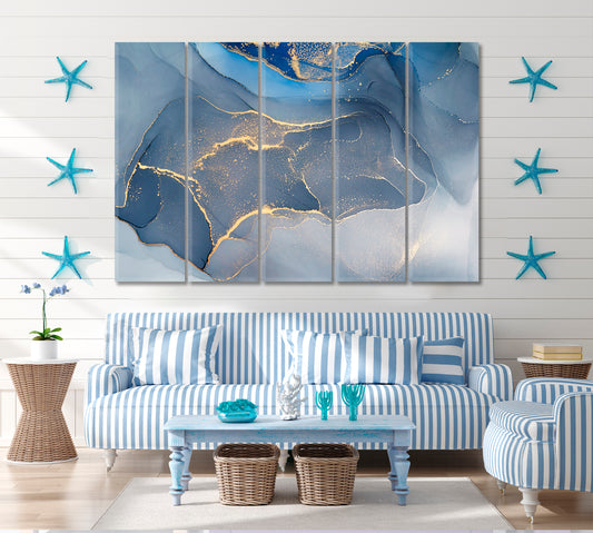 SKY BLUE ORIENTAL MARBLE Turkish Marbling Ink in Water EBRU Fluid Art, Oriental Marbling Canvas Print Artesty