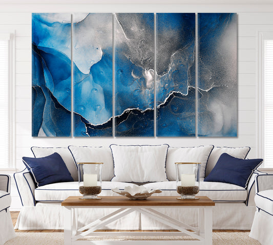 ABSTRACT SKY Translucent Dark Blue Ink Flow Black Gray Marble Veins Fluid Art, Oriental Marbling Canvas Print Artesty