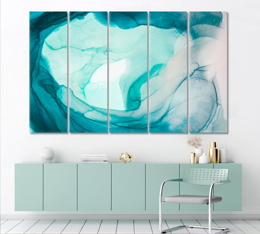 Marble Emerald Alcohol Ink Tidewater Aquamarine Green Ocean Waves Fluid Art, Oriental Marbling Canvas Print Artesty