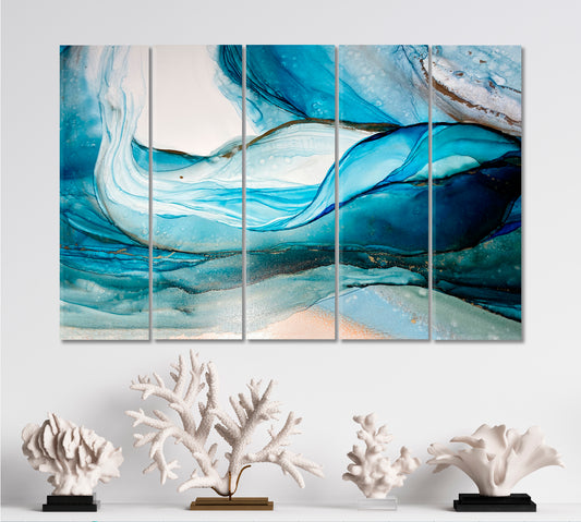 Abstract Blue Green Golden Veins Inclusions Alcohol Ink Painting Fluid Art, Oriental Marbling Canvas Print Artesty 5 panels 36" x 24"