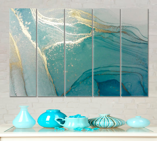 TURQUOISE MINT GOLD Luxury Abstract Fluid Alcohol Ink Fluid Art, Oriental Marbling Canvas Print Artesty 5 panels 36" x 24"