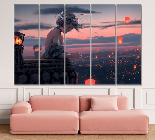 Anime Girl On Balcony Sky Lanterns Romantic Artwork TV, Cartoons Wall Art Canvas Artesty 5 panels 36" x 24"