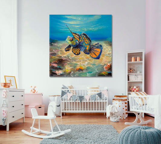 UNDERWATER SEA LIFE Mandarin Fish Sea Bottom Landscape Nautical Corals - Square Panel Nautical, Sea Life Pattern Art Artesty 1 Panel 12"x12"