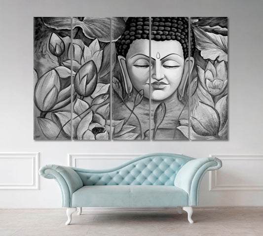 Lord Buddha Spiritual Poster Black & White Religious Modern Art Artesty 5 panels 36" x 24"