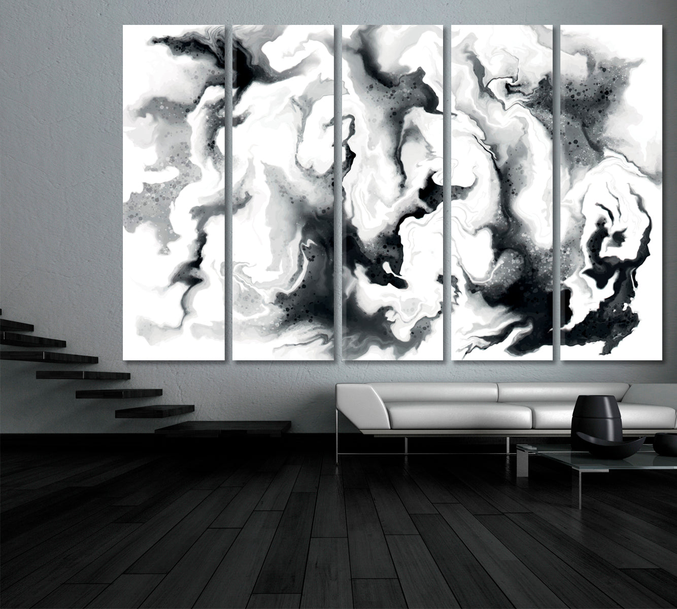 Black and White Fluid Marbling Black and White Wall Art Print Artesty 5 panels 36" x 24"