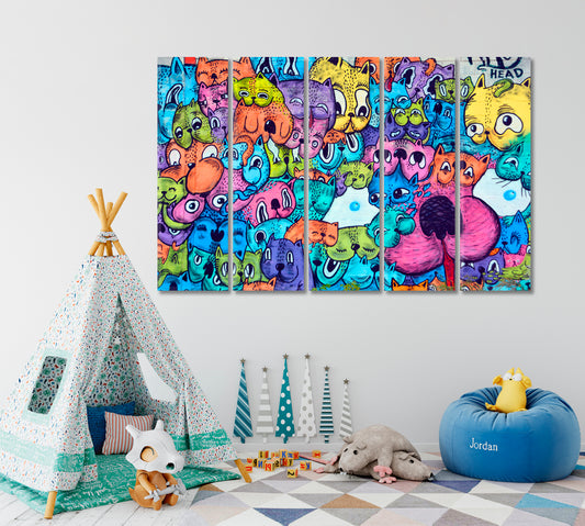 Colorful Montreal Cats Abstract Graffiti Painting Animals Canvas Print Artesty 5 panels 36" x 24"