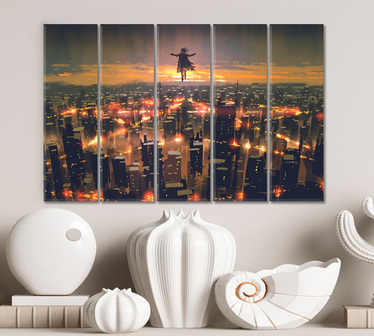 Man Floating Sky Over City Fantasy Surreal Painting Surreal Fantasy Large Art Print Décor Artesty 5 panels 36" x 24"