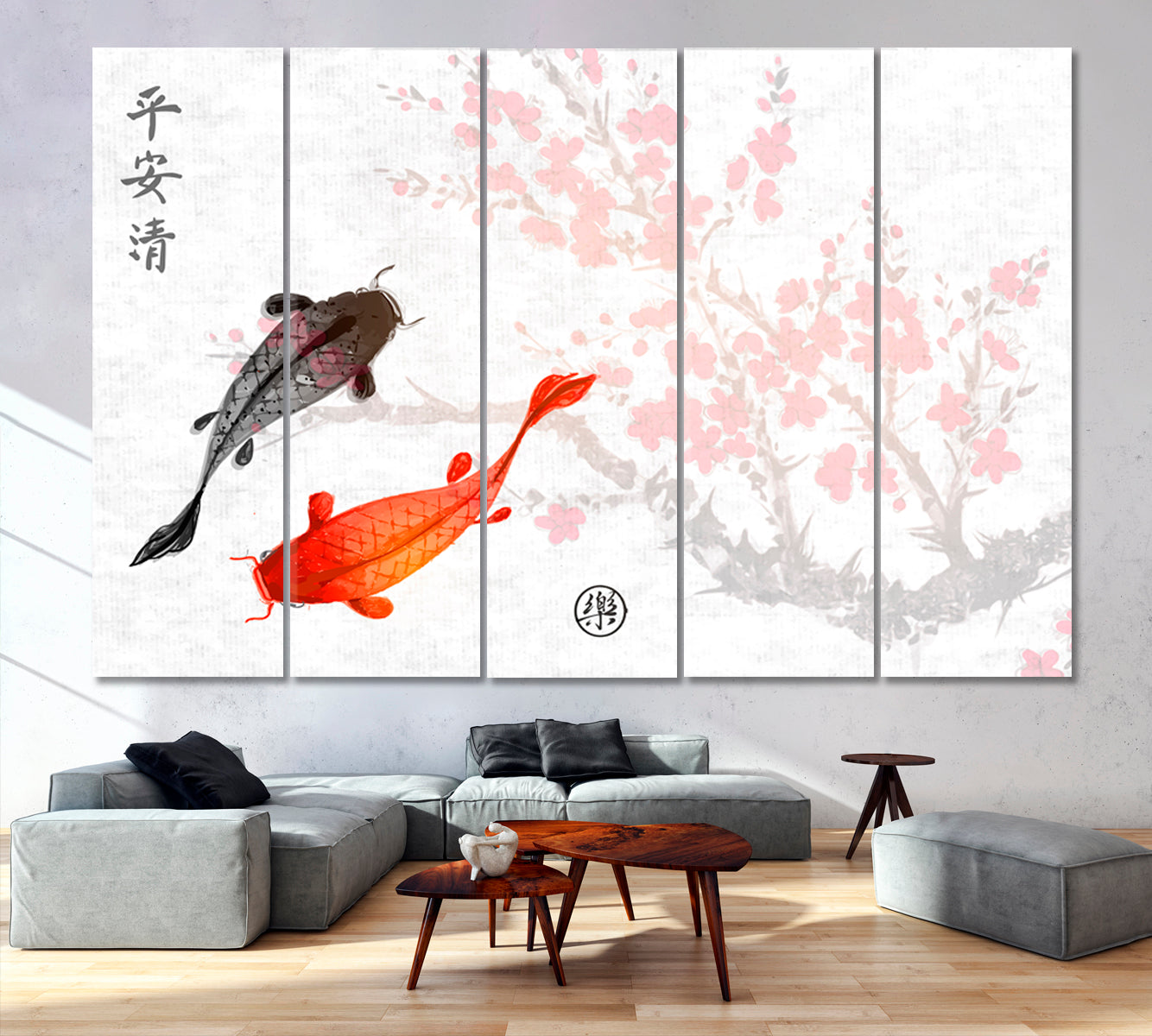 ZEN Sakura Koi Fishes Traditional Oriental Peace Tranquility Clarity Joy Asian Style Canvas Print Wall Art Artesty