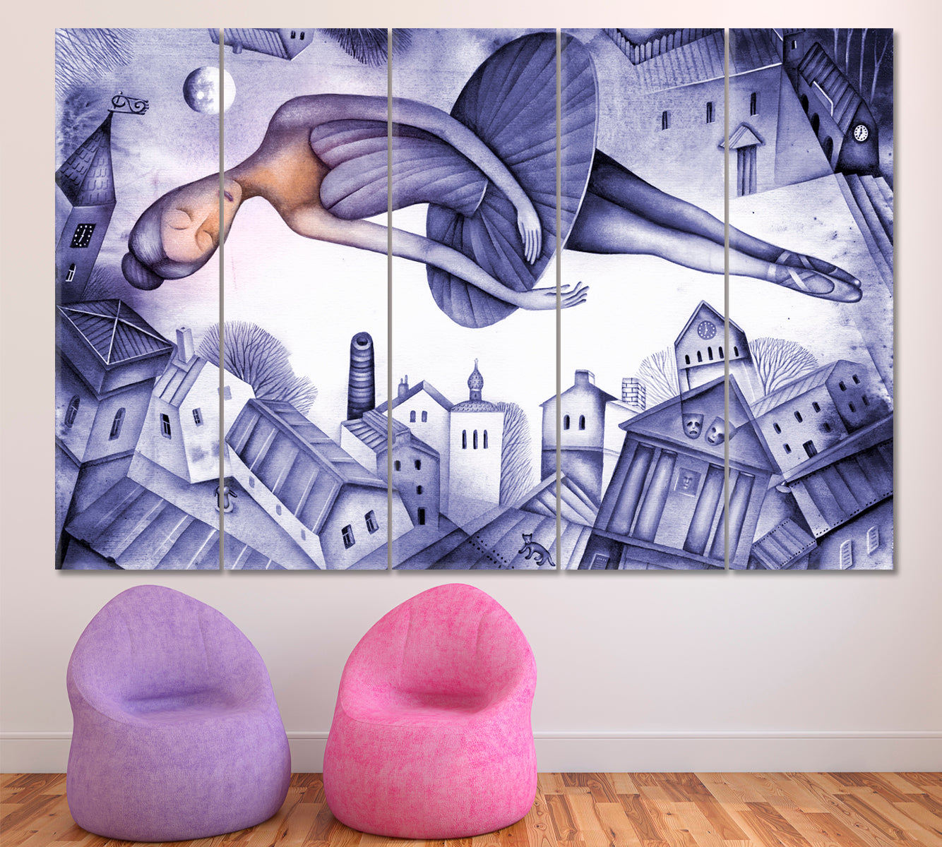 FANTASY Beautiful Ballerina Soars in a Dream Above the City, Cubist Style Canvas Print Cubist Trendy Large Art Print Artesty