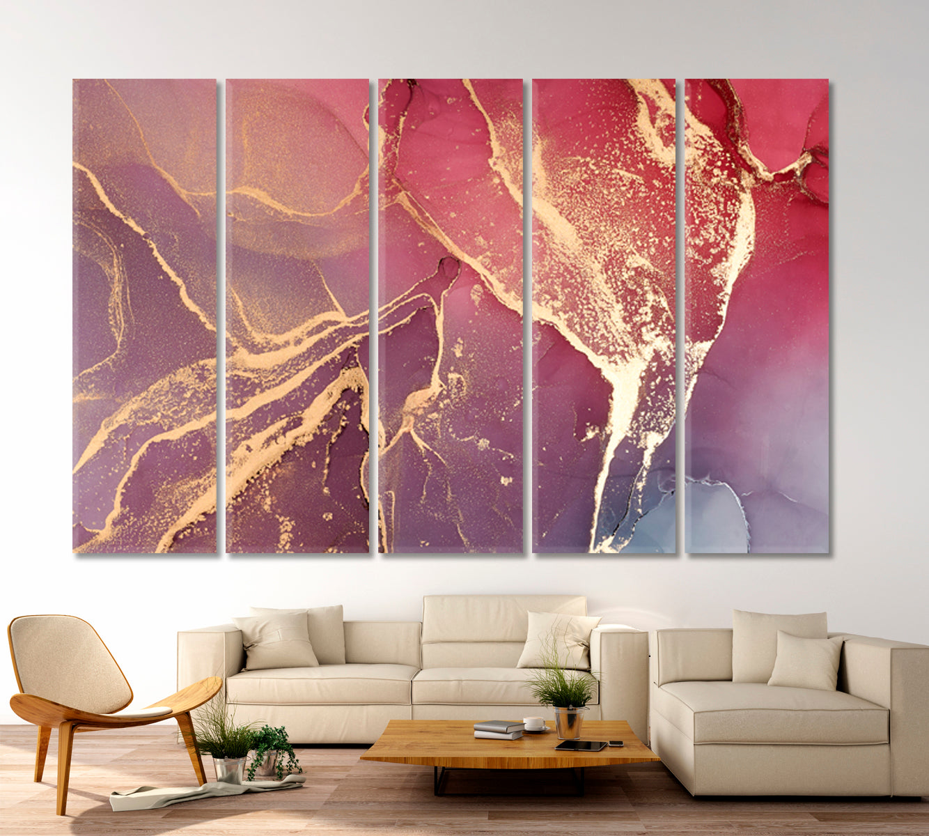 Purple Pink Abstract Marble Ink Fluid Veines Fluid Art, Oriental Marbling Canvas Print Artesty 5 panels 36" x 24"
