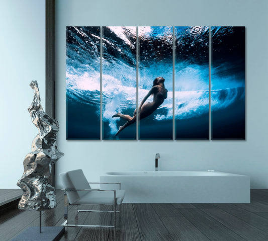 UNDERWATER | Diver Under-barrel Wave Canvas Print Nautical, Sea Life Pattern Art Artesty 5 panels 36" x 24"
