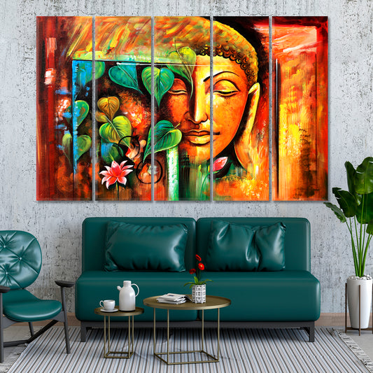 Spiritual Lord Buddha Meditating Religious Modern Art Artesty 5 panels 36" x 24"