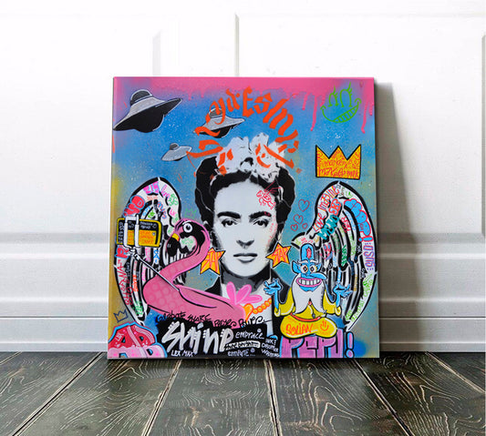 GRAFFITI Frida Kahlo Abstract Vivid Art Basquiat Style Basquiat Crown - Square Panel Contemporary Art Artesty