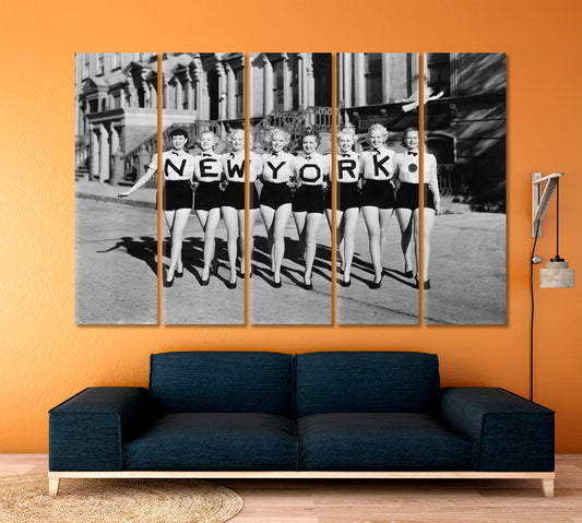 NEW YORK CITY Vintage Black and White Photo CHORUS LINE of Beautiful Women Vintage Affordable Canvas Print Artesty 5 panels 36" x 24"