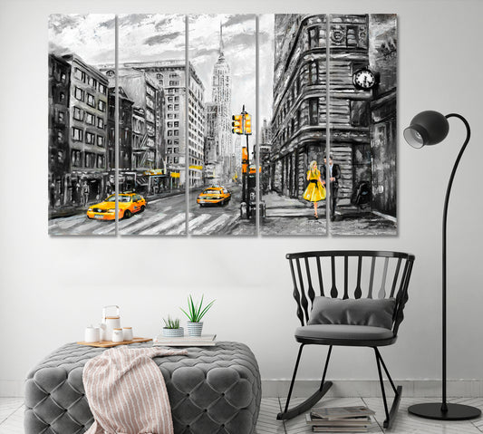 Romantic Gray Yellow New York Man Woman Modern Art Cities Wall Art Artesty 5 panels 36" x 24"