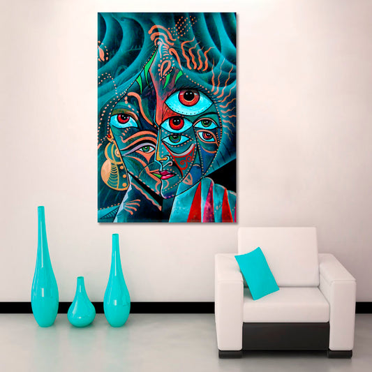 Cubism Face Fantasy Design Vivid Teal Color Cubist Trendy Large Art Print Artesty