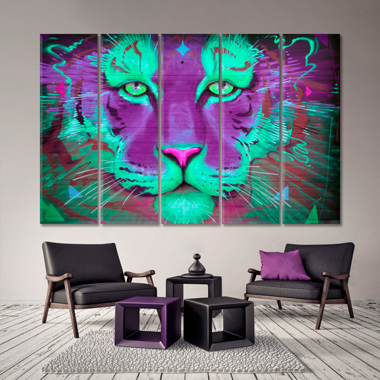 Street Art Tiger Abstract Vibrant Graffiti Animals Montreal Canada Canvas Print Animals Canvas Print Artesty 5 panels 36" x 24"