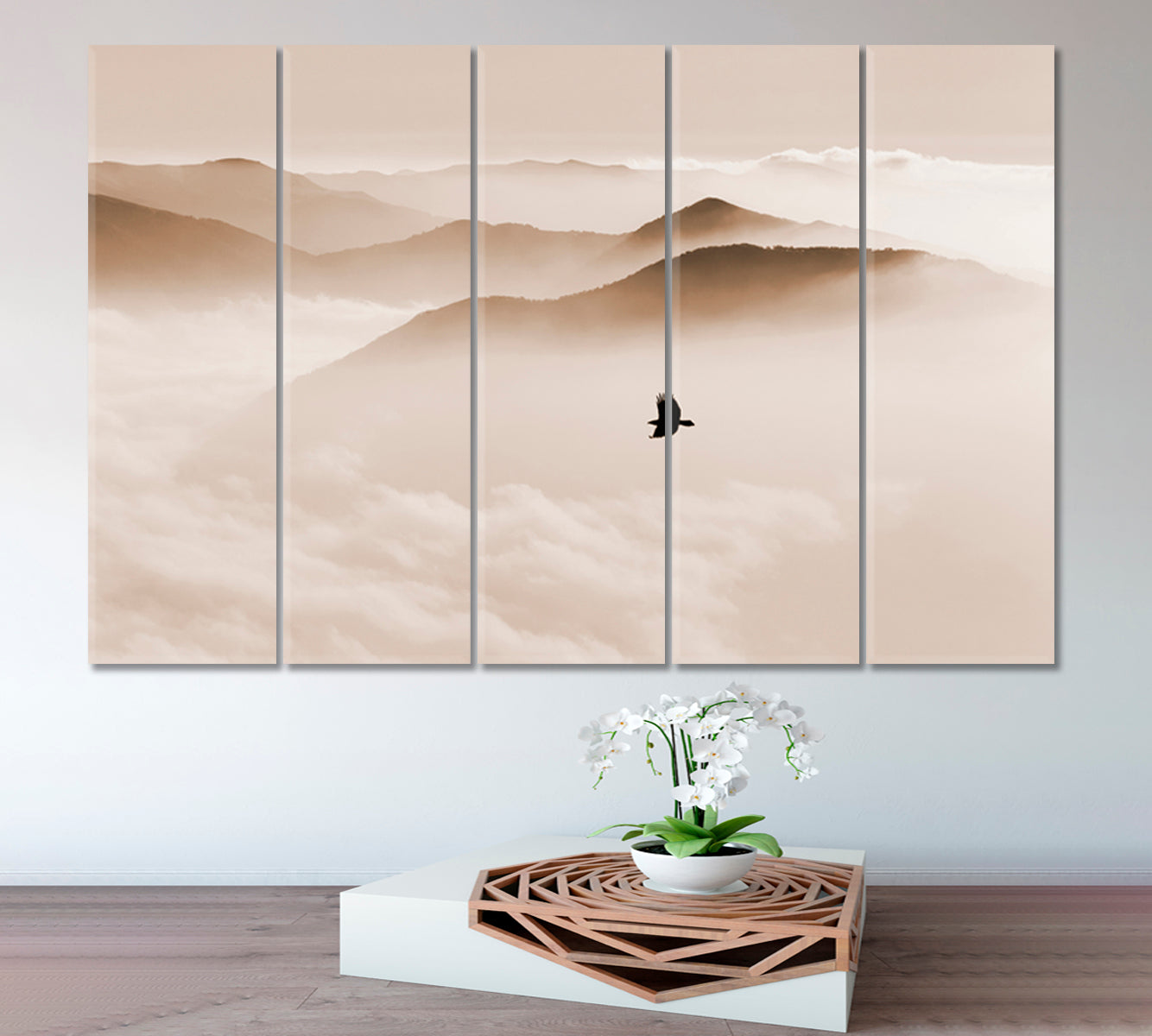 Breathtaking Landscape Sky and Mountain Mist, Silhouettes of Misty Mountains, bird flying, sepia toning Skyscape Canvas Artesty
