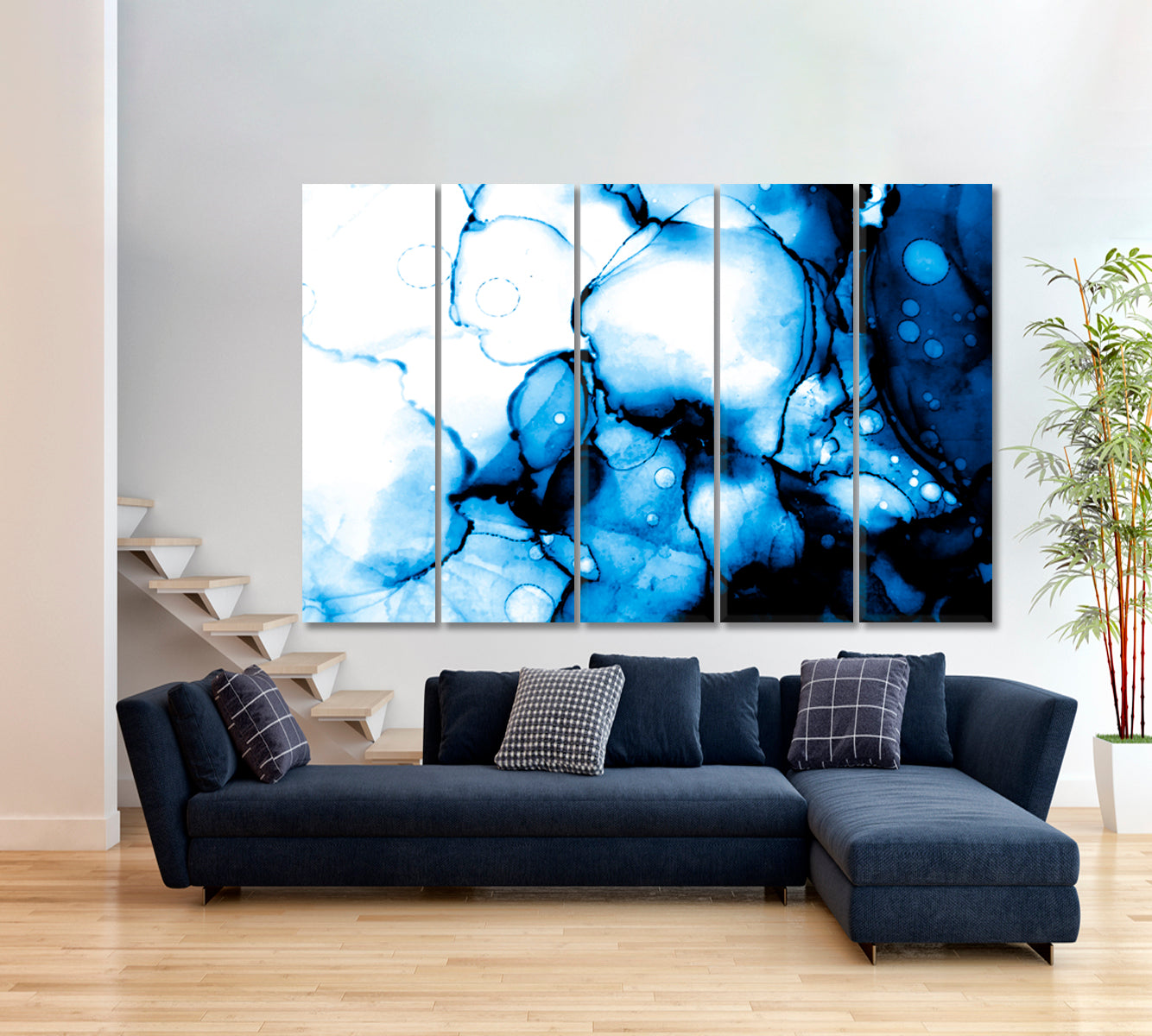 Navy Blue Stone Marble Texture Cool Tones Abstraction Fluid Art, Oriental Marbling Canvas Print Artesty 5 panels 36" x 24"