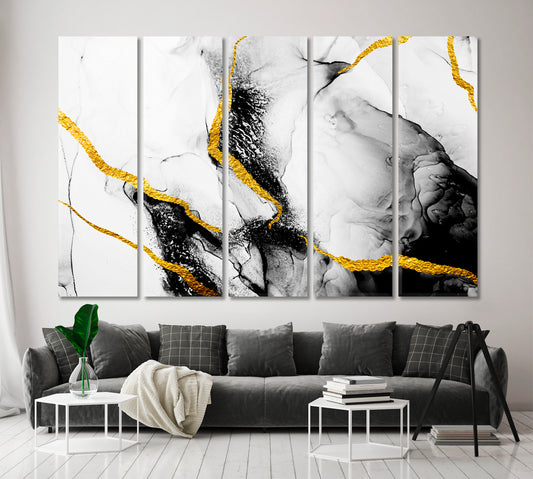 INK Art Inspired by Sky Clouds Steam Smoke Fluid Art, Oriental Marbling Canvas Print Artesty 5 panels 36" x 24"