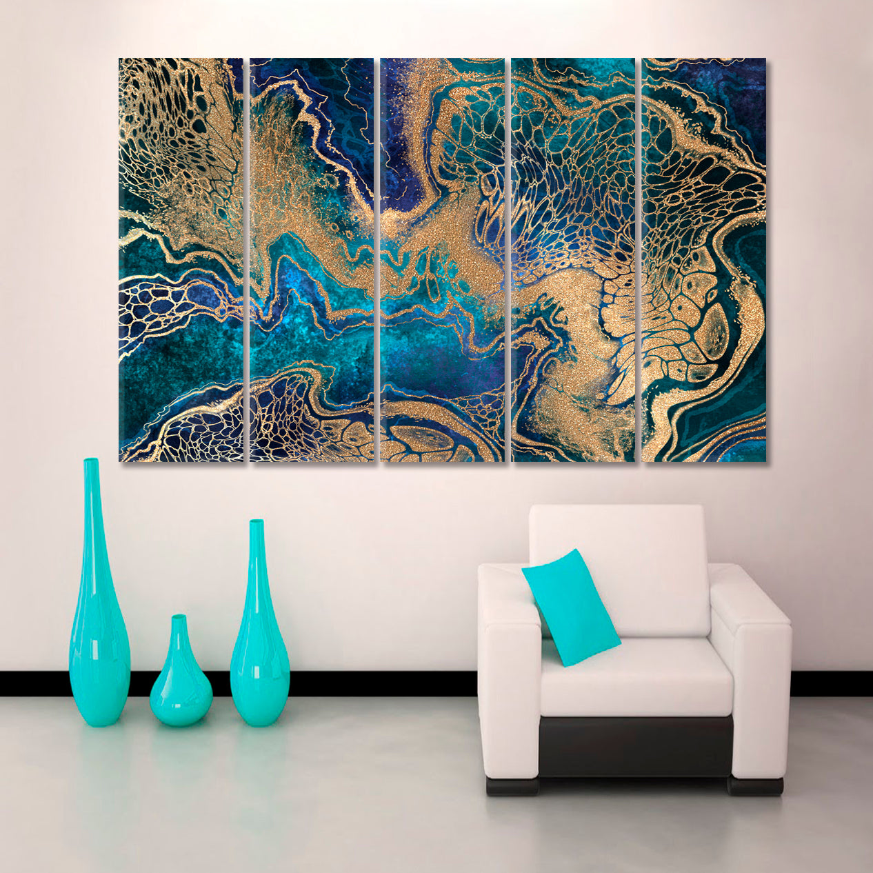 NAVY BLUE GOLD EFFECT Marble Swirls Creative Abstract Trendy Modern Canvas Print Fluid Art, Oriental Marbling Canvas Print Artesty 5 panels 36" x 24"