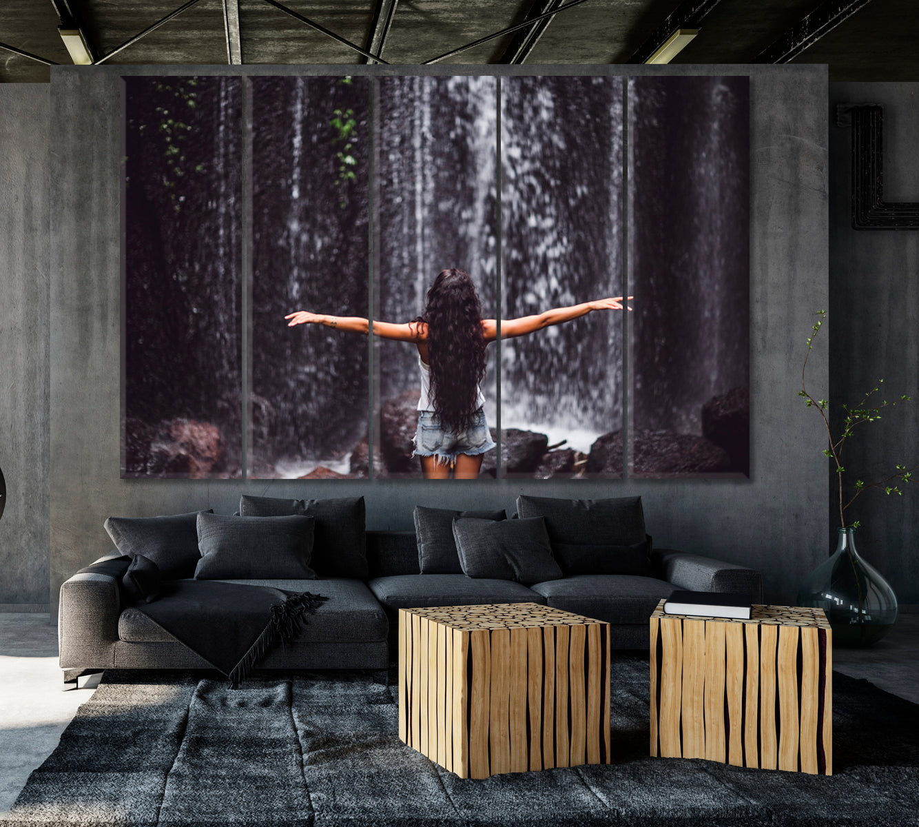 UNDER WATERFALL Cascade Tropical Rainforest Nature Beautiful Girl Nature Wall Canvas Print Artesty