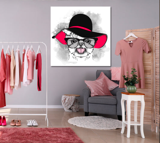 Cute & Sweet Puppy Girl in a Hat Pet Fashion - S Kids Room Canvas Art Print Artesty