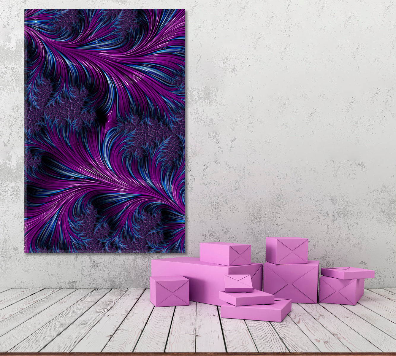Abstract Fractal Spiral Swirls Purple Turquoise Blue Feathers Punchy Ultraviolet Canvas Print - Vertical Abstract Art Print Artesty