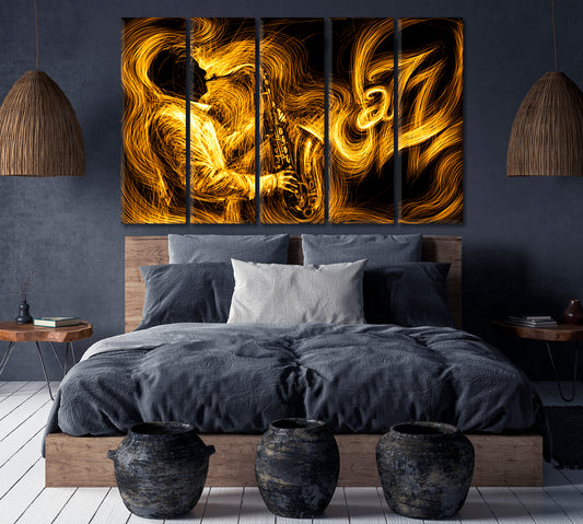 JAZZ Saxophone Player Musician Modern Abstract Lines Music Wall Panels Artesty 5 panels 36" x 24"
