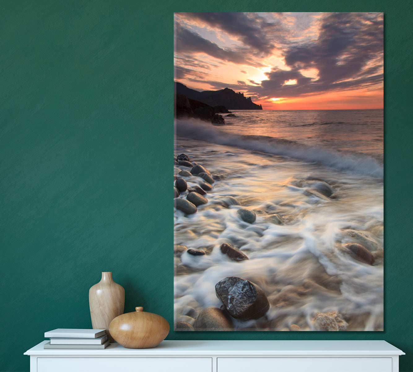 Incredible Beauty Panoramic Landscape Sunset on The Rocky Beach Canvas Print - Vertical Scenery Landscape Fine Art Print Artesty