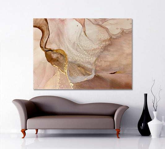 Tender Beige And Ivory Pastel Colors Golden Veins Abstract Marble Fluid Art, Oriental Marbling Canvas Print Artesty