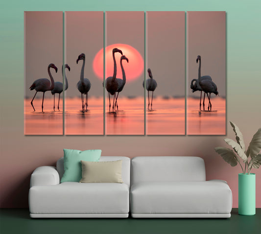 Asker Coast Greater Flamingos Amazing Coral Hue Sunset Dramatic Sky Wild Life Framed Art Artesty 5 panels 36" x 24"