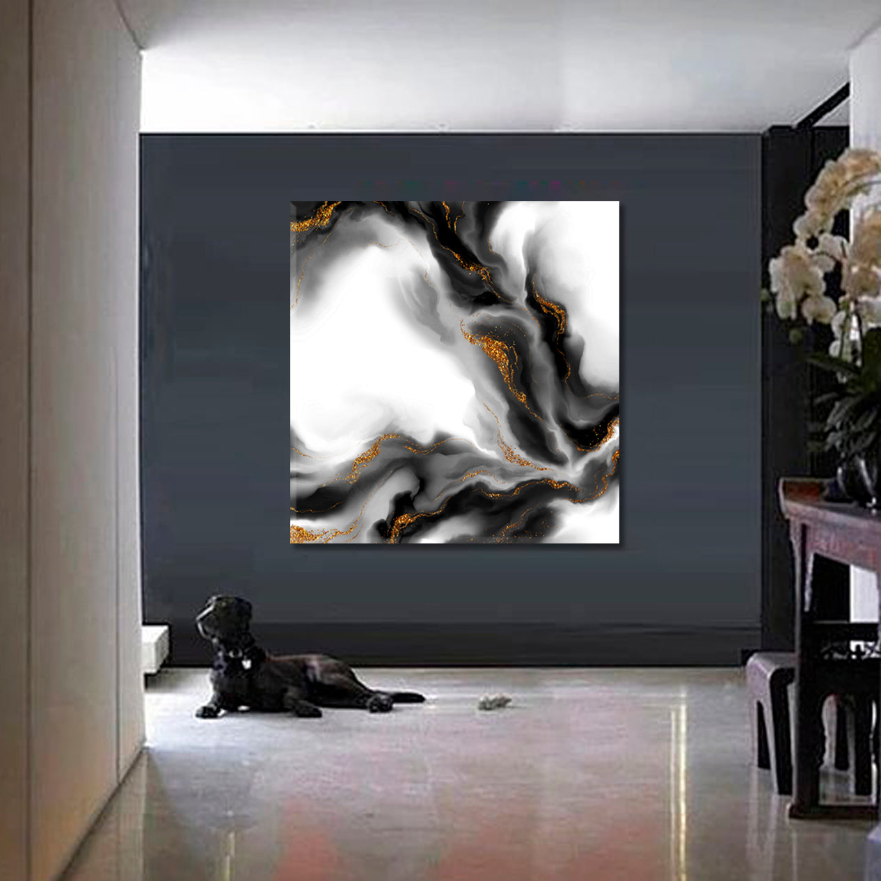 Black and White Marble Beautiful Trendy Art - Square Panel Fluid Art, Oriental Marbling Canvas Print Artesty