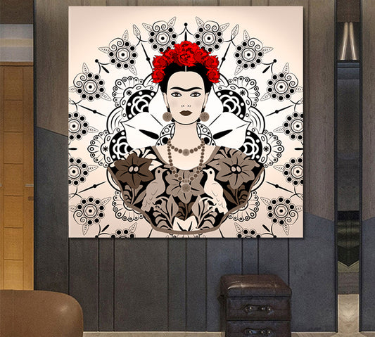 MANDALA Frida Kahlo Young Beautiful Mexican Woman Traditional Hairstyle - Square People Portrait Wall Hangings Artesty