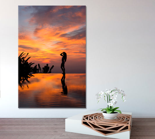 INFINITY EDGE Landscape Luxury Beach Pool Silhouette Woman at Sunset - Vertical Scenery Landscape Fine Art Print Artesty
