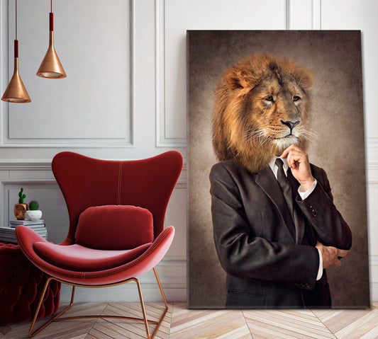 Lion in Suit Lion-headed Man Human Animals Poster Office Wall Art Canvas Print Artesty