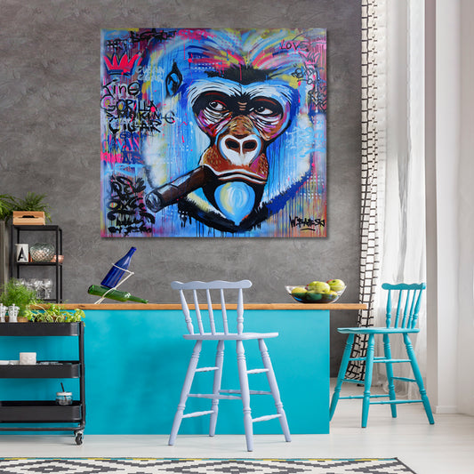 BANKSY STYLE Monkey Gorilla Smoking Cigar Grunge Banksy Graffiti - S Animals Canvas Print Artesty