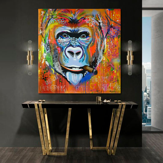 Monkey Gorilla Smoking Cigar Grunge Banksy Graffiti Style - S Contemporary Art Artesty