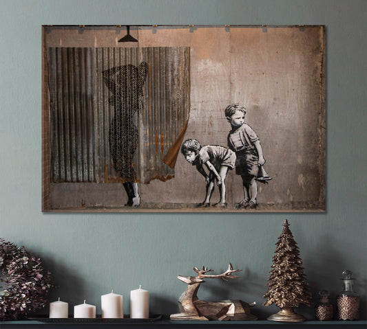INSPIRED BY BANKSY Boys Spying on a Woman Having a Shower Street Art Canvas Print Street Art Canvas Print Artesty
