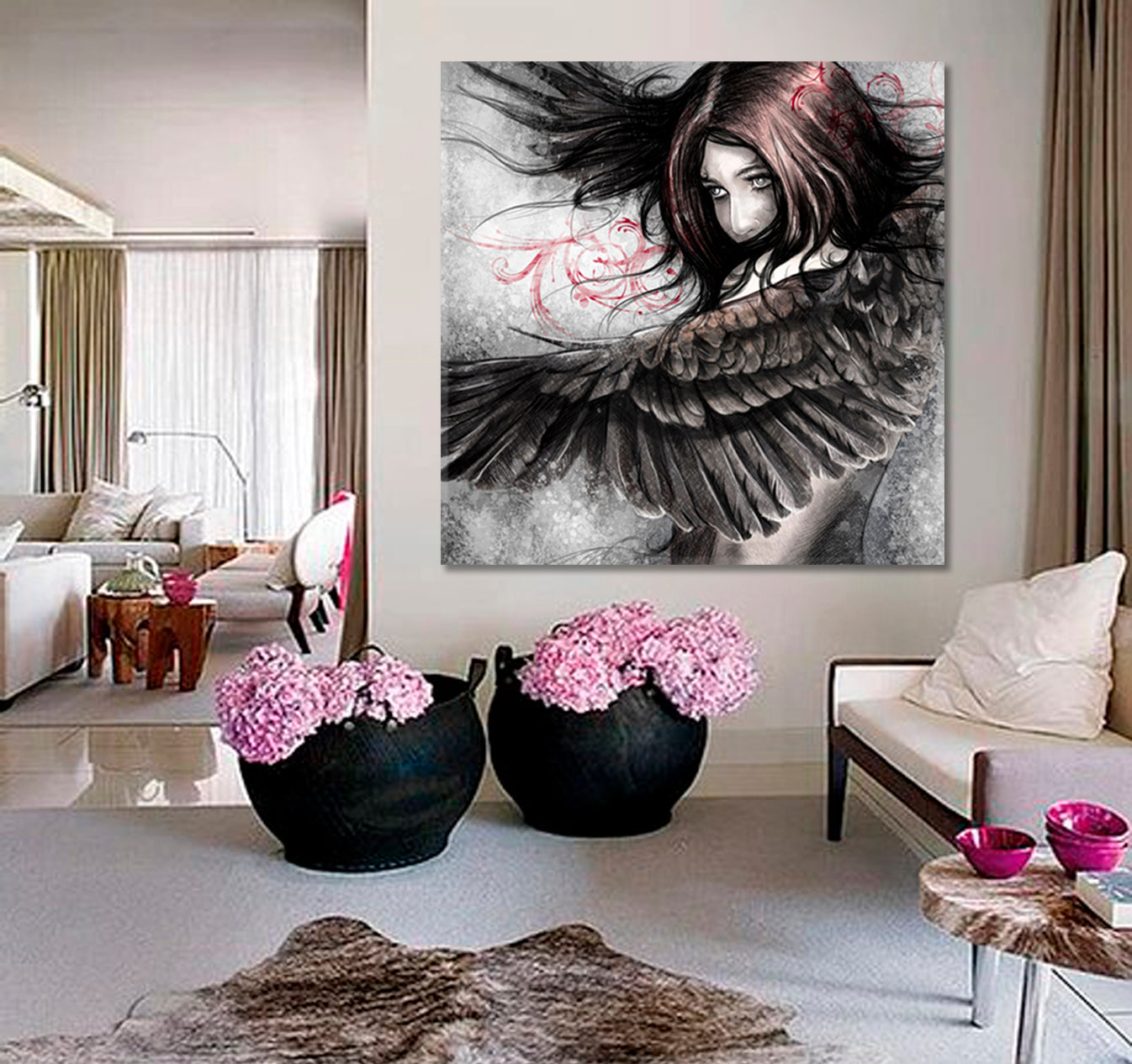 CHASING A DREAM Beautiful Girl with Eagle Wings Fantasy Concept - Square Panel Abstract Art Print Artesty