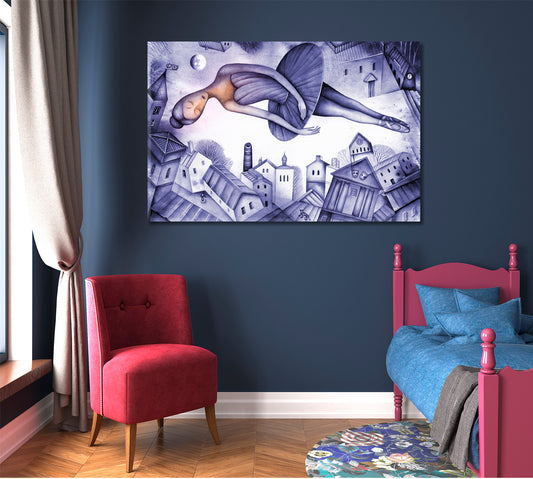 FANTASY Beautiful Ballerina Soars in a Dream Above the City, Cubist Style Canvas Print Cubist Trendy Large Art Print Artesty