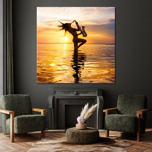 HOT JAZZ Picturesque Golden Horizon Landscape Sax Music Music Wall Panels Artesty 1 Panel 12"x12"