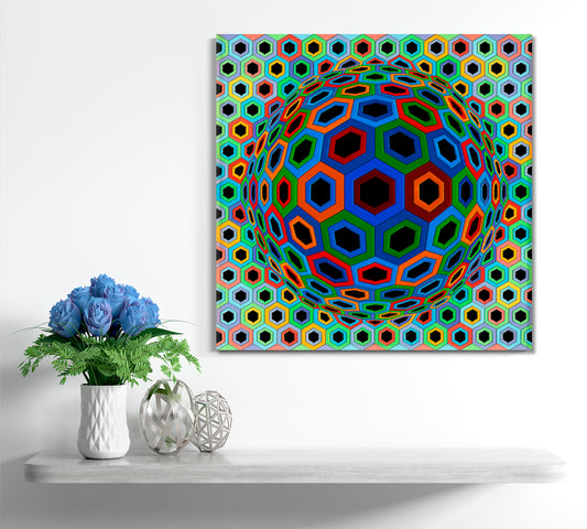 CIRCLE & HEXAGONS Vivid Geometric Figures Trippy Psychedelic Op Art Abstract Art Print Artesty