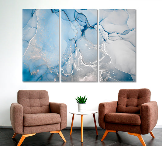 CLOUDS SILK Soft Blue Swirls Ink Colors Marble Veins Fluid Art, Oriental Marbling Canvas Print Artesty 3 panels 36" x 24"